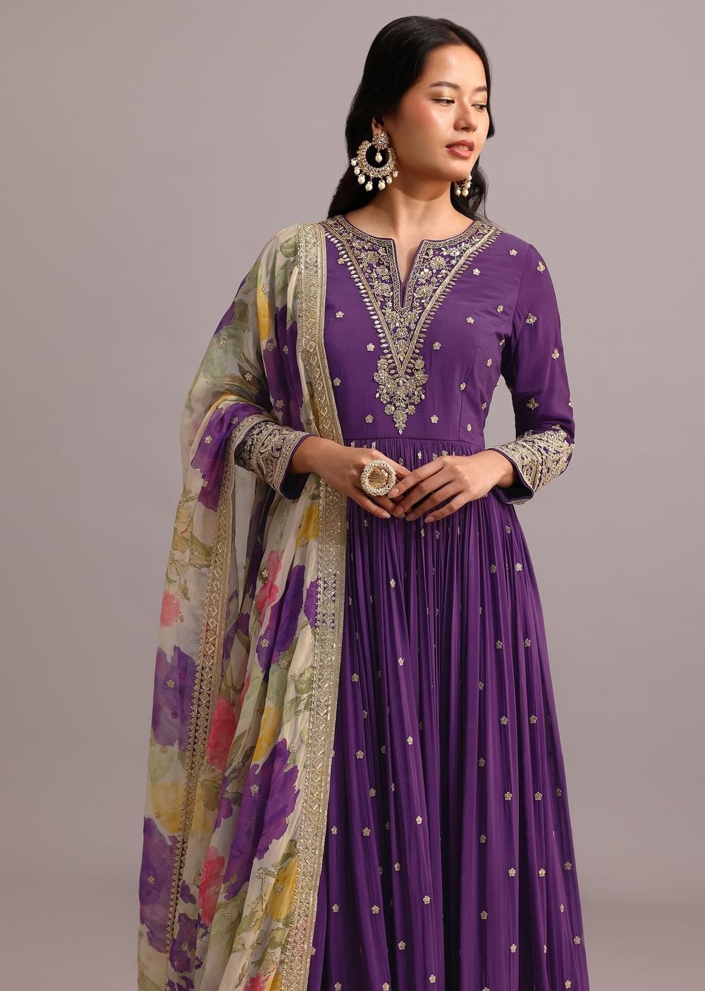 Purple Embroidered Anarkali With Floral Printed Organza Dupatta