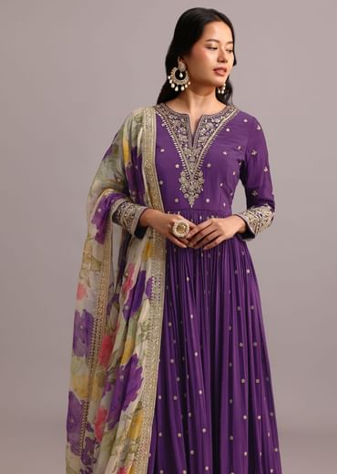 Purple Embroidered Anarkali With Floral Printed Organza Dupatta