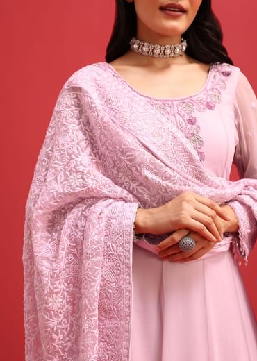 Purple Embroidered Anarkali With Lucknowi Work Dupatta