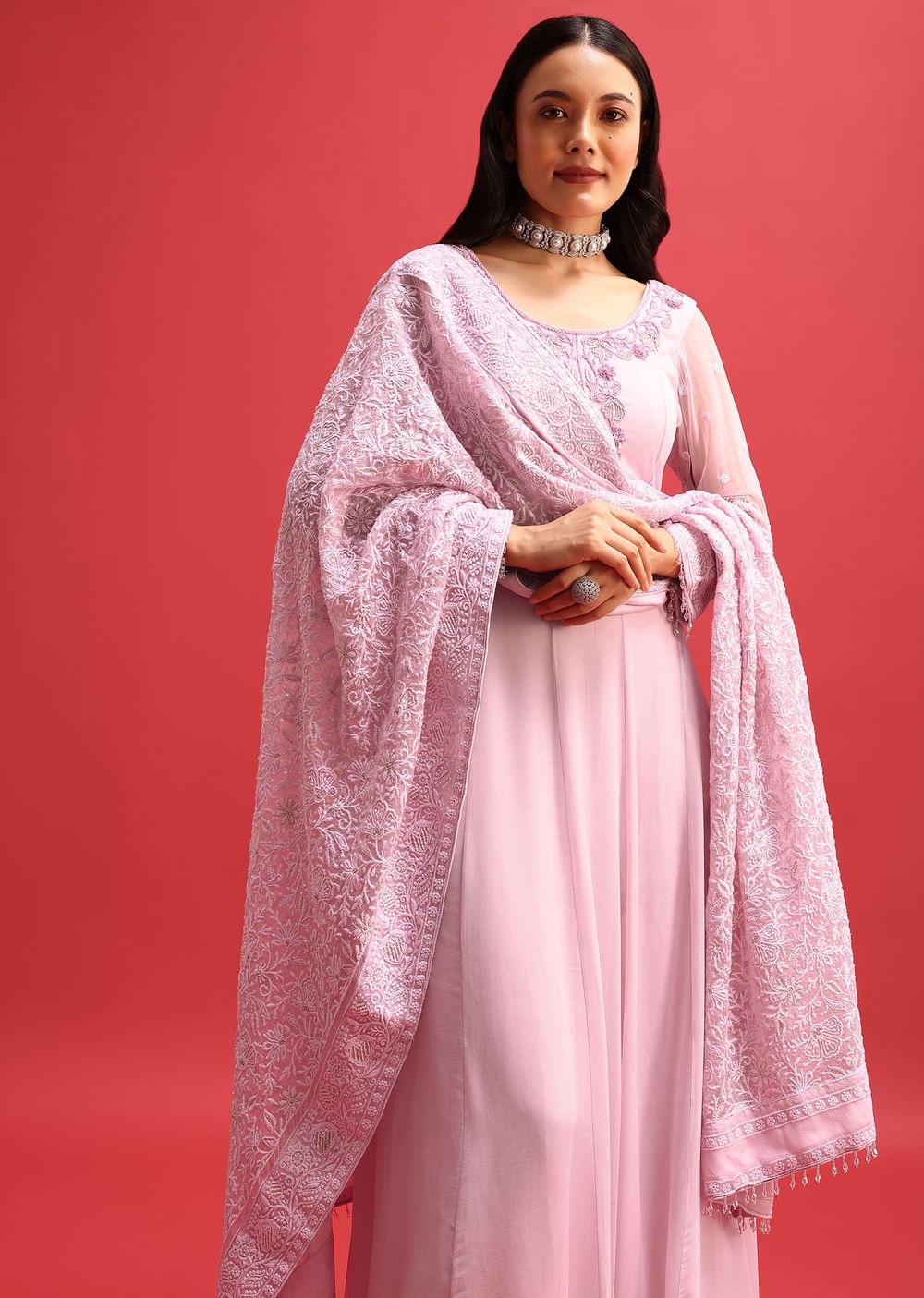 Purple Embroidered Anarkali With Lucknowi Work Dupatta