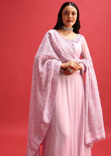Purple Embroidered Anarkali With Lucknowi Work Dupatta