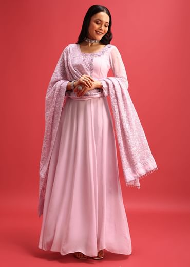 Purple Embroidered Anarkali With Lucknowi Work Dupatta