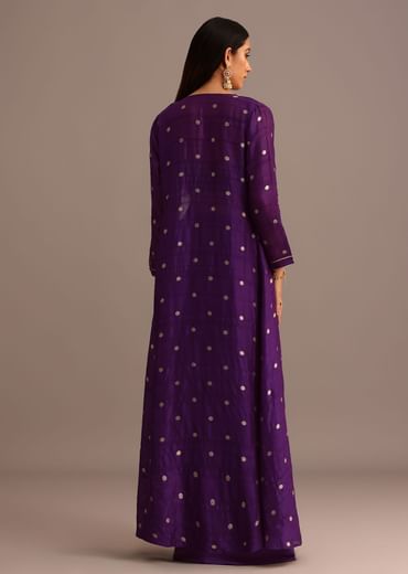 Purple Embroidered Croptop With Drape Skirt And Tussar Jacket