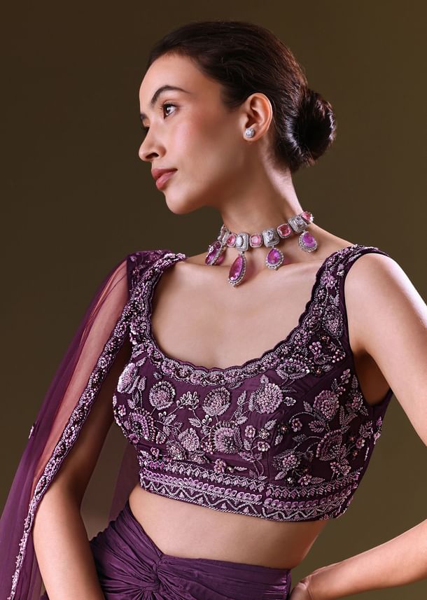 Purple Embroidered Drape Skirt With Embroidered Net Cape