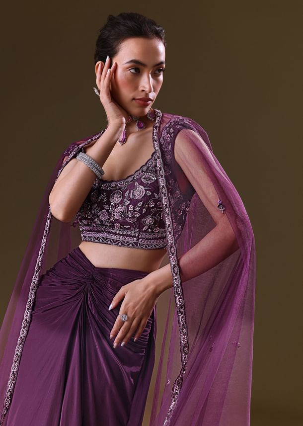Purple Embroidered Drape Skirt With Embroidered Net Cape