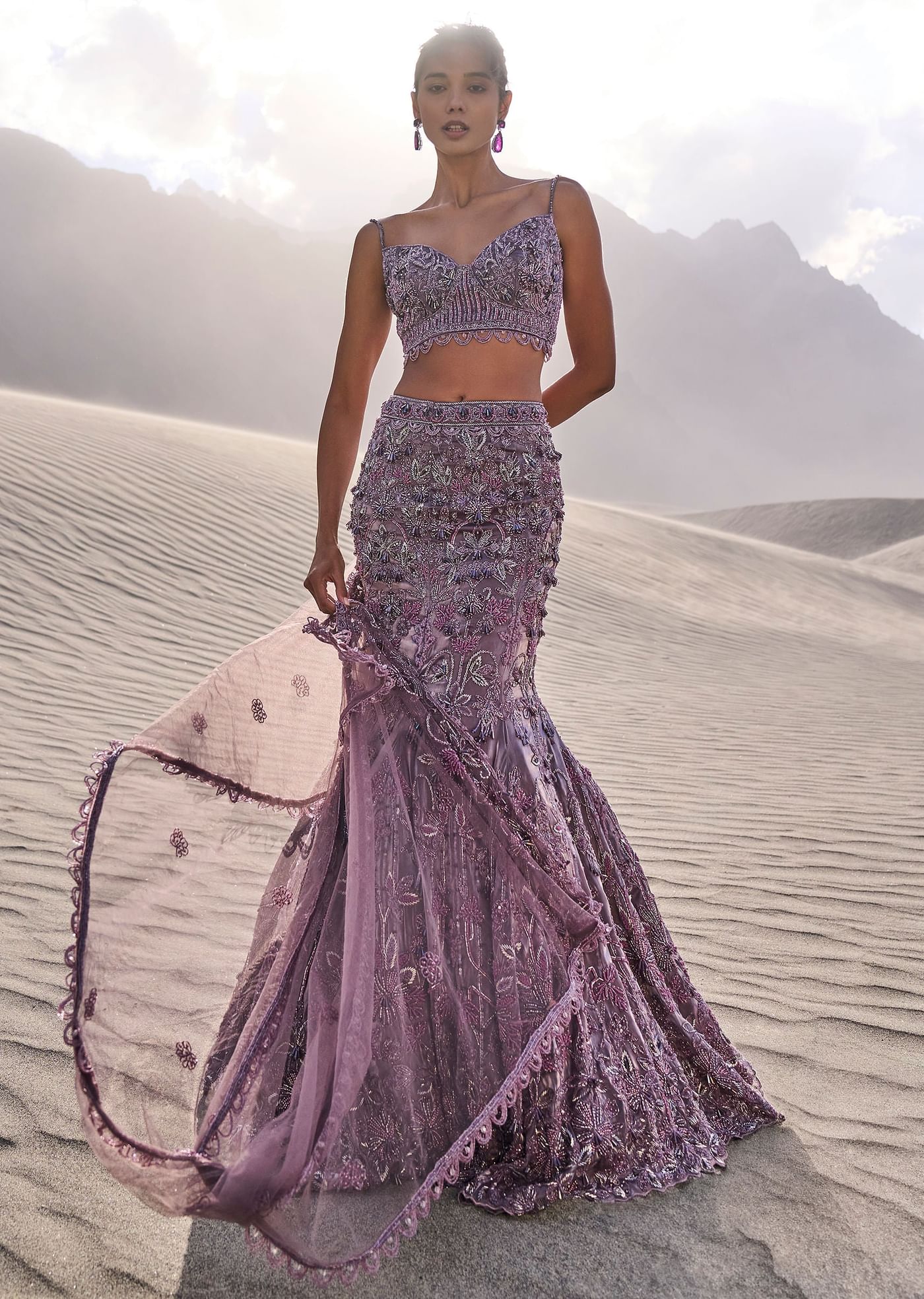 Purple Embroidered Fancy Organza Fishcut Lehenga With Blouse And Dupatta