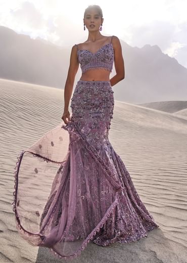 Purple Embroidered Fancy Organza Fishcut Lehenga With Blouse And Dupatta