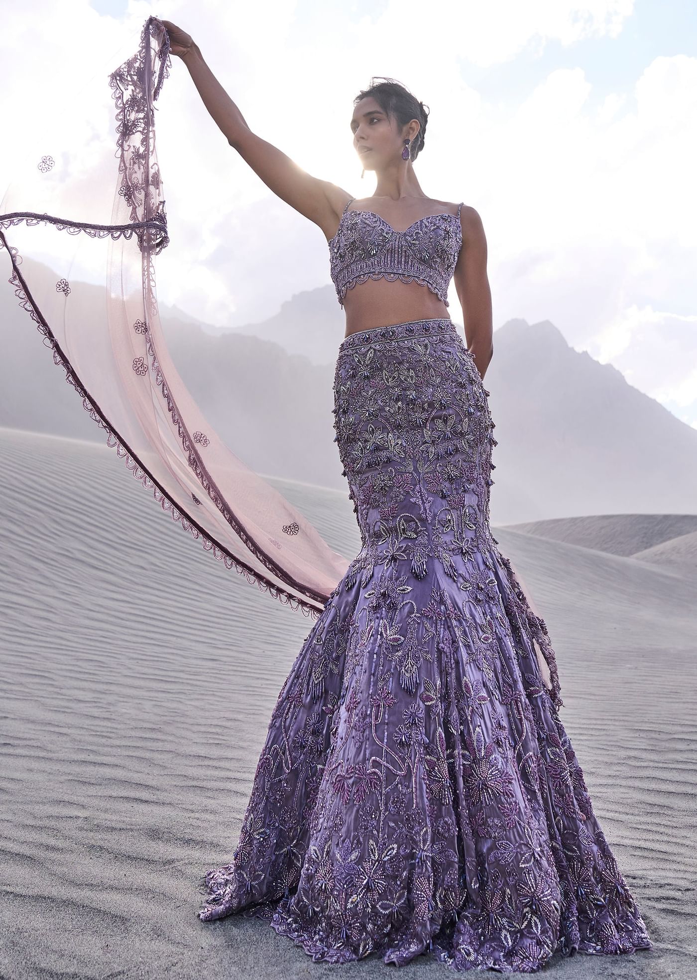 Purple Embroidered Fancy Organza Fishcut Lehenga With Blouse And Dupatta