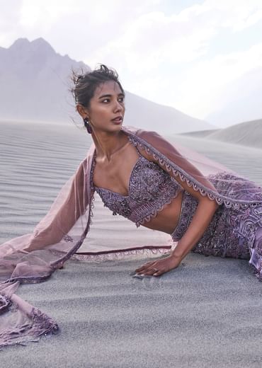 Purple Embroidered Fancy Organza Fishcut Lehenga With Blouse And Dupatta