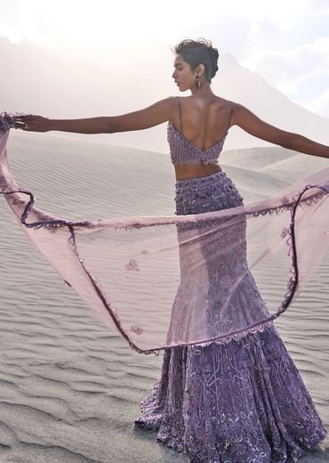 Purple Embroidered Fancy Organza Fishcut Lehenga With Blouse And Dupatta