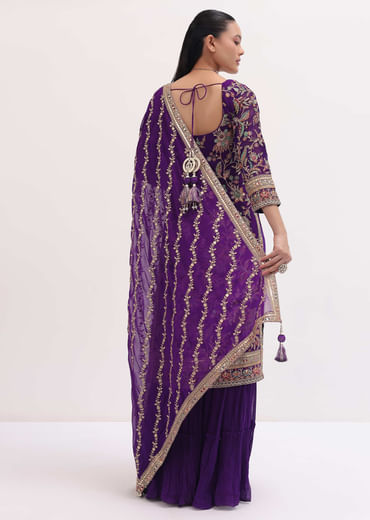 Purple Embroidered Georgette Kurta Sharara Set