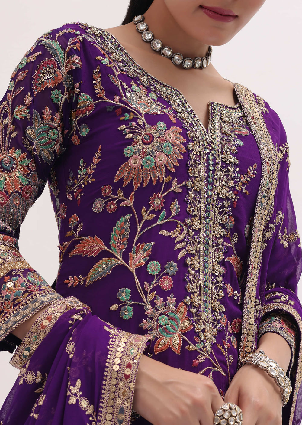Purple Embroidered Georgette Kurta Sharara Set