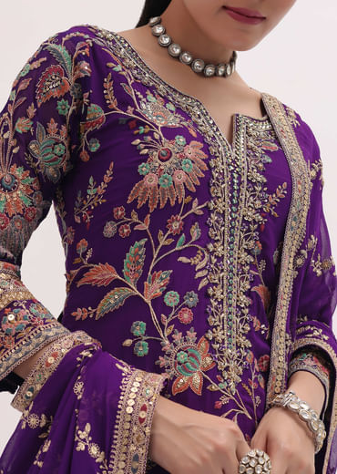Purple Embroidered Georgette Kurta Sharara Set