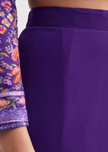 Purple Printed Mirror Work Kurta Set With Flared Palazzo