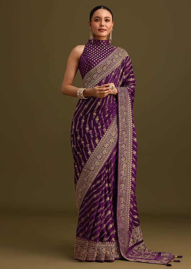 Purple Embroidered Saree With Zardosi And Cutdana Work