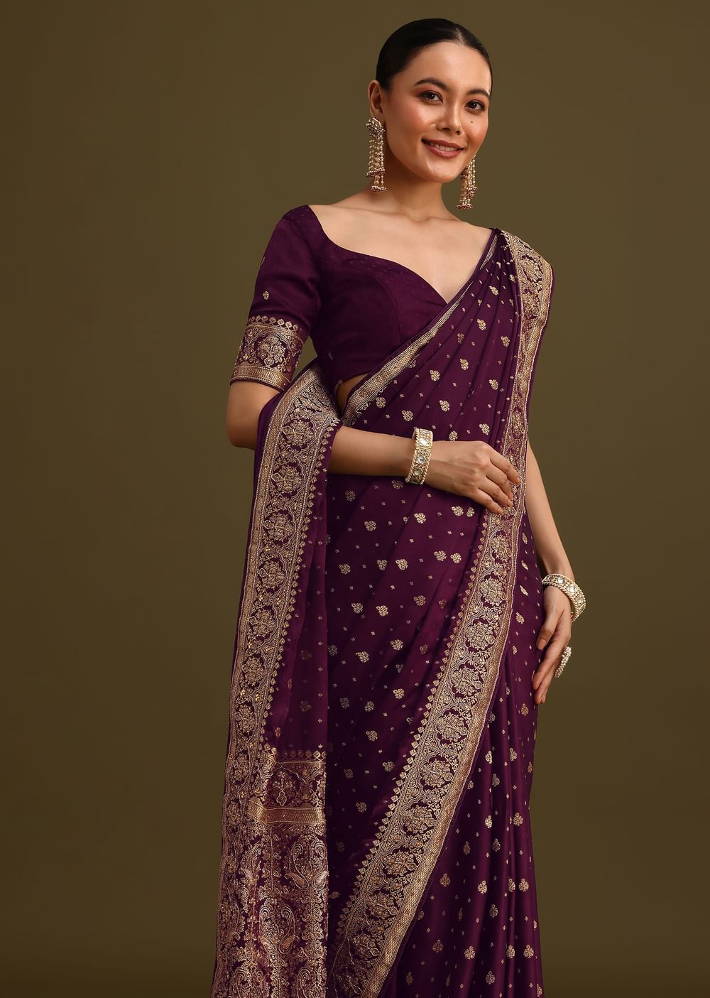 Purple Embroidered Saree With Zardosi Work And Unstitched Blouse
