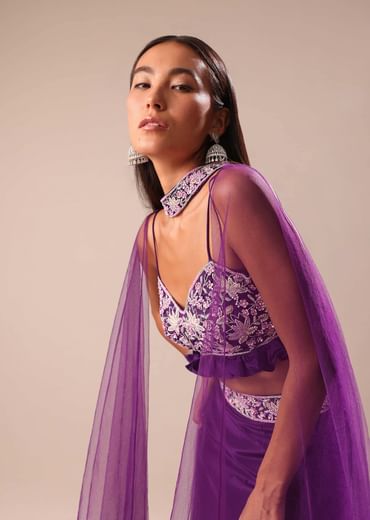 Purple Fishcut Skirt With Embroidered Blouse And Dupatta