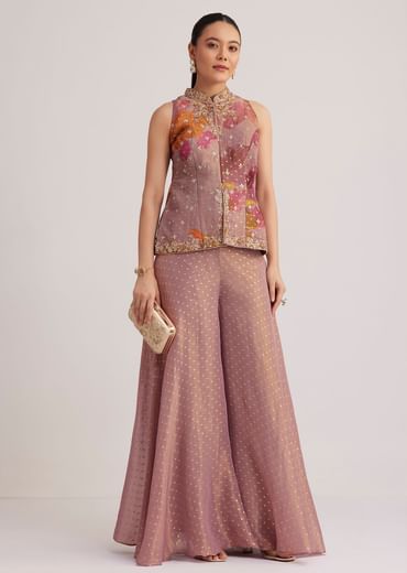 Purple Floral Embroidered Palazzo Set