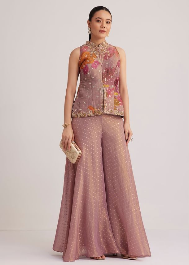 Purple Floral Embroidered Palazzo Set