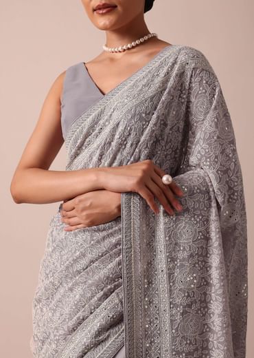 Purple Georgette Lucknowi Chikankari Sequin Saree With Unstitched Blouse Piece