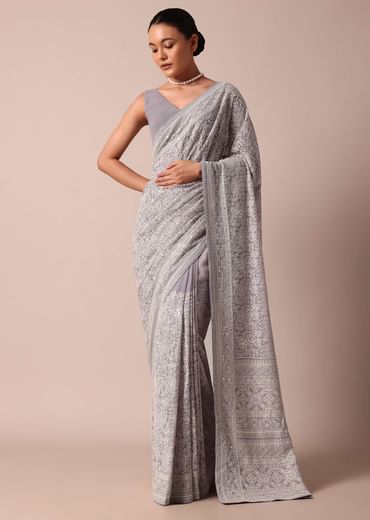 Purple Georgette Lucknowi Chikankari Sequin Saree With Unstitched Blouse Piece
