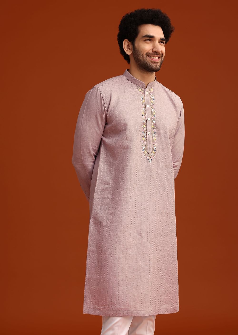 Purple Hand Embroidered Kurta And Pant Set In Linen