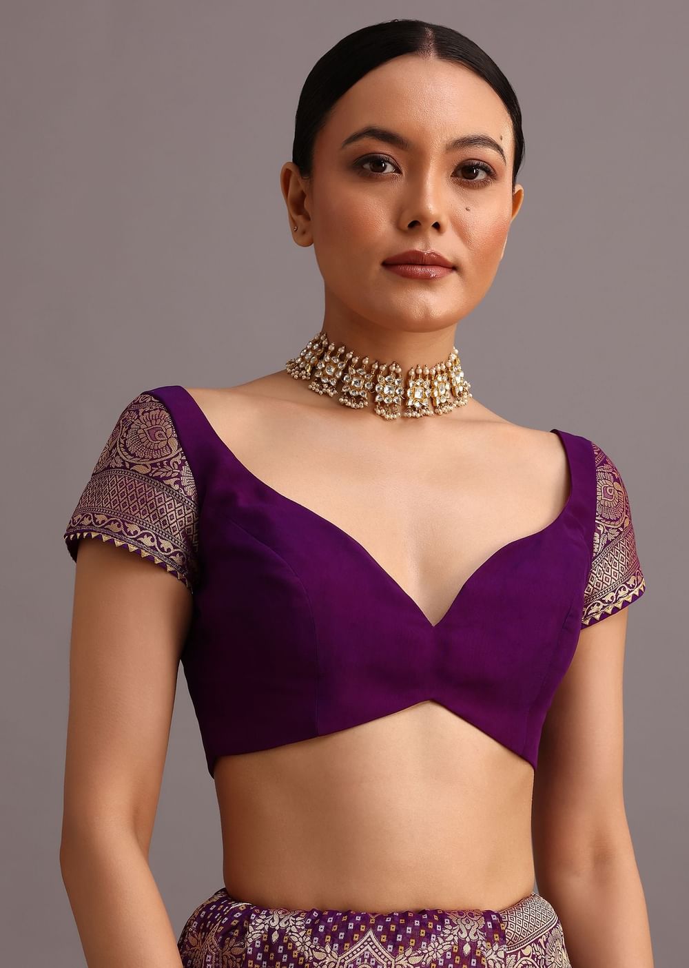 Purple Khaddi Georgette Woven Saree In Bandhani Detail With Gotta Patti Border
