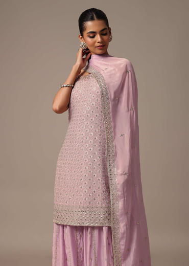 Purple Kurta Palazzo Set With Dupatta In Zari Work