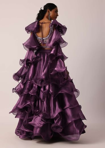 Purple Layered Ruffle Lehenga Set With Sequin Work