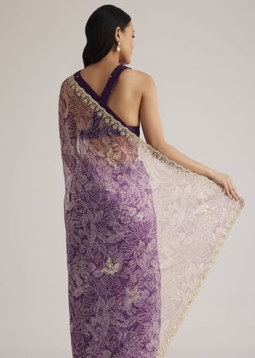 Purple Leafy Printed Organza Saree With Embroidered Scallop Border