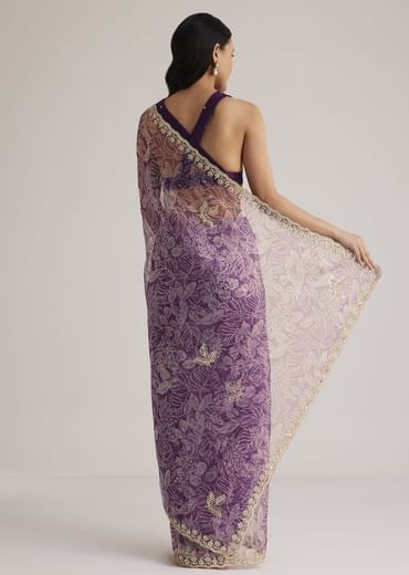 Purple Leafy Printed Organza Saree With Embroidered Scallop Border