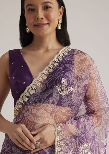 Purple Leafy Printed Organza Saree With Embroidered Scallop Border