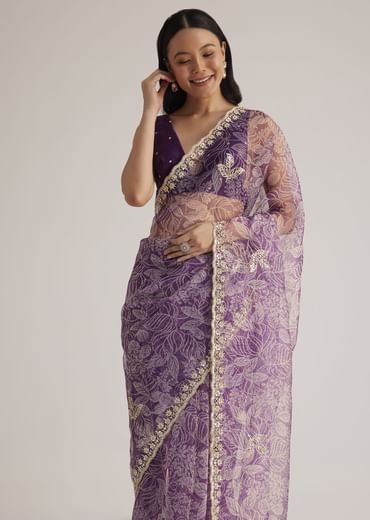 Purple Leafy Printed Organza Saree With Embroidered Scallop Border