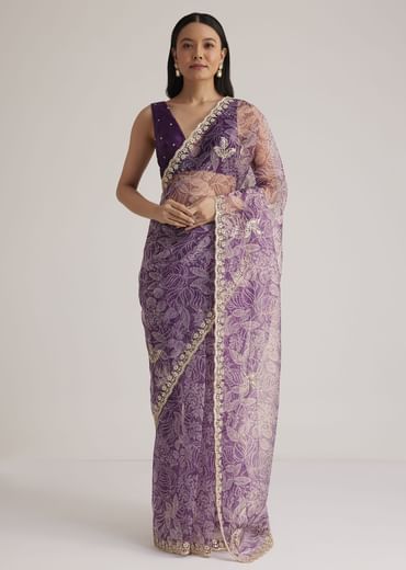 Purple Leafy Printed Organza Saree With Embroidered Scallop Border
