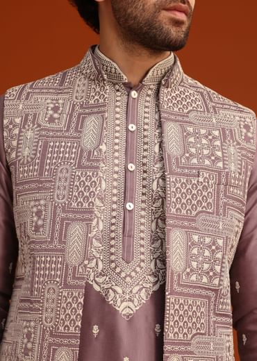 Purple Linen Satin Embroidered Jacket Kurta Set