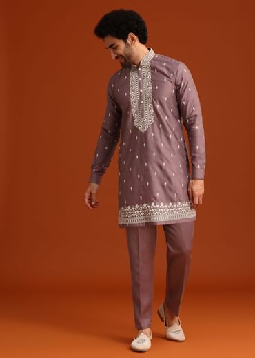 Purple Linen Satin Embroidered Jacket Kurta Set