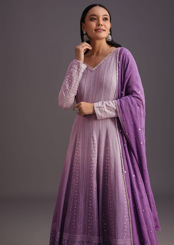 Purple Lucknowi Anarkali With Sequin Work Dupatta