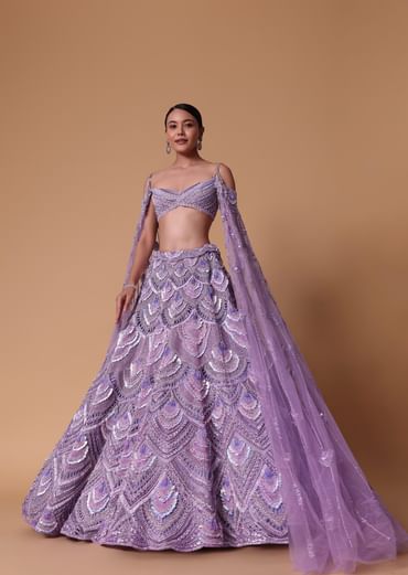 Lavender Pearl Embellished Lehenga Wth Off Shoulder Draped Cape