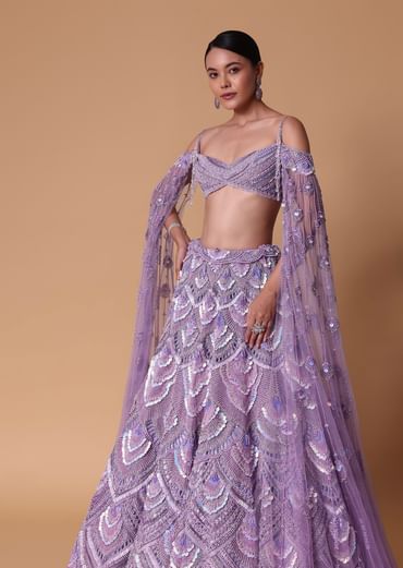 Lavender Pearl Embellished Lehenga Wth Off Shoulder Draped Cape