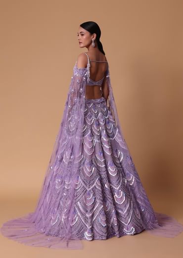 Lavender Pearl Embellished Lehenga Wth Off Shoulder Draped Cape