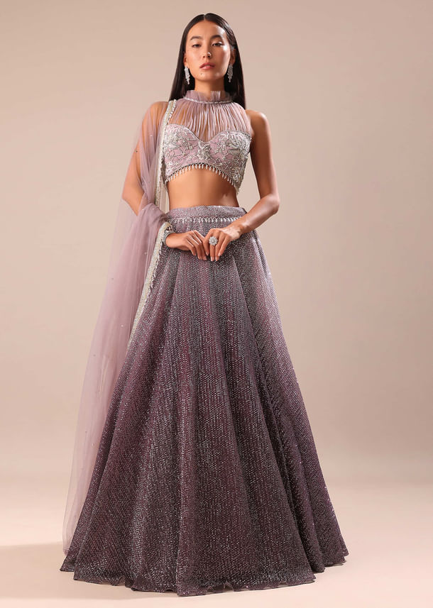 Purple Ombre Sequin Lehenga With Ruched Halter Blouse Purple Ombre Sequin Lehenga With Ruched Halter Blouse