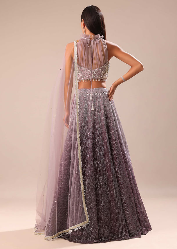 Purple Ombre Sequin Lehenga With Ruched Halter Blouse Purple Ombre Sequin Lehenga With Ruched Halter Blouse