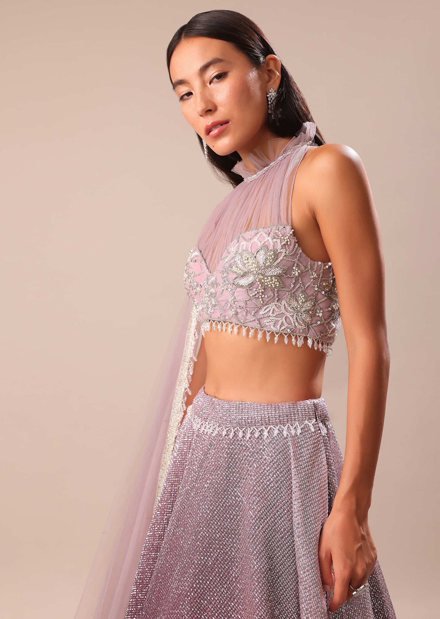 Purple Ombre Sequin Lehenga With Ruched Halter Blouse