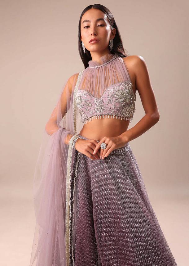 Purple Ombre Sequin Lehenga With Ruched Halter Blouse Purple Ombre Sequin Lehenga With Ruched Halter Blouse