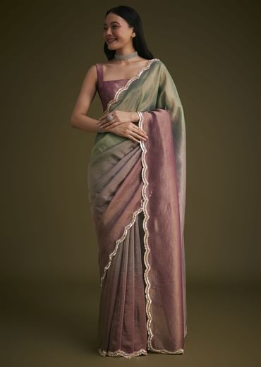 Purple Ombre Tissue Saree With Scallop Border