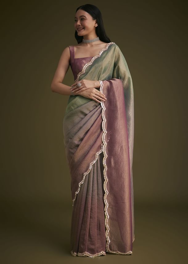 Purple Ombre Tissue Saree With Scallop Border