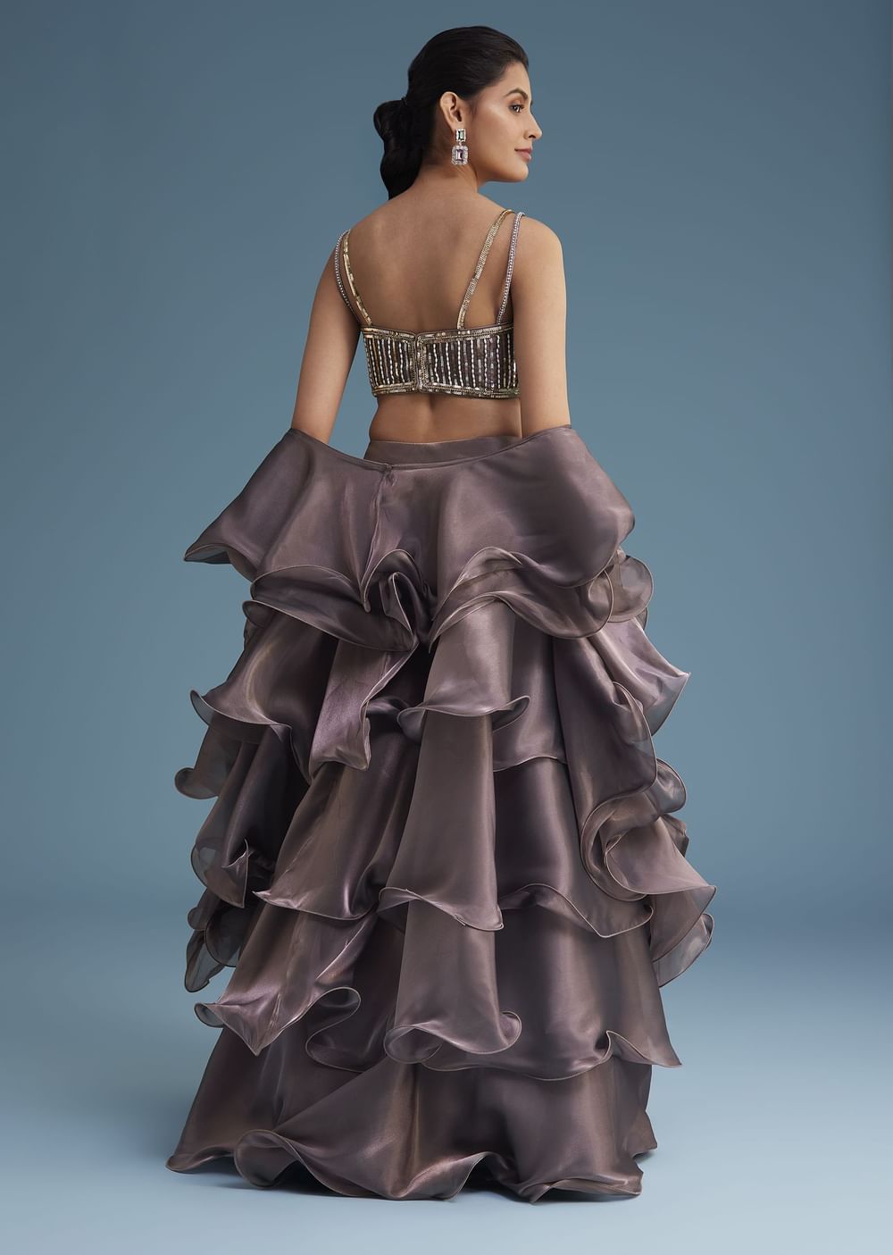 Purple Organza Ruffle Lehenga Set With Embellished Blouse