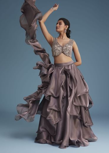 Purple Organza Ruffle Lehenga Set With Embellished Blouse