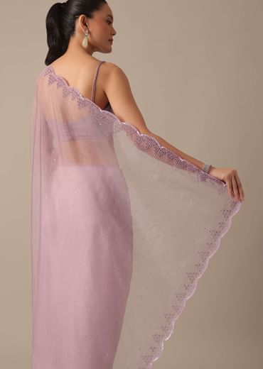 Purple Organza Saree with Embellished Border and Unstitched Blouse Piece