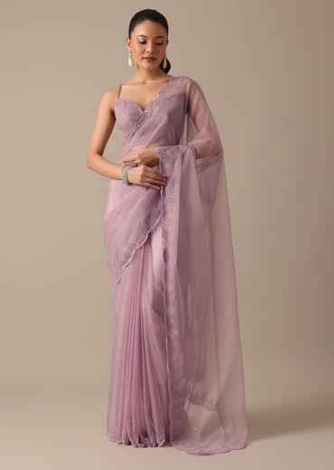 Purple Organza Saree with Embellished Border and Unstitched Blouse Piece